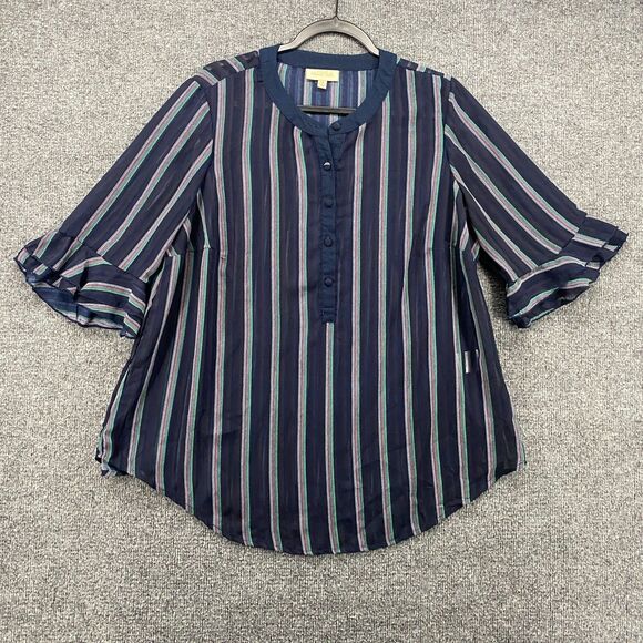Modcloth Blouse Top Womens 1X Blue Striped Sheer Tunic Popover Beachy Casual - Picture 1 of 10